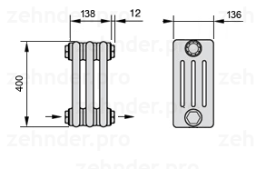 Схема (чертеж) Радиатор Zehnder Charleston 4040/3 №2670 Белый глянцевый RAL 9016